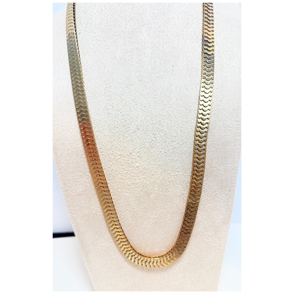 Wide Gold Tone Herringbone Chain Necklace 24" Heavy 33g Statement Jewelry